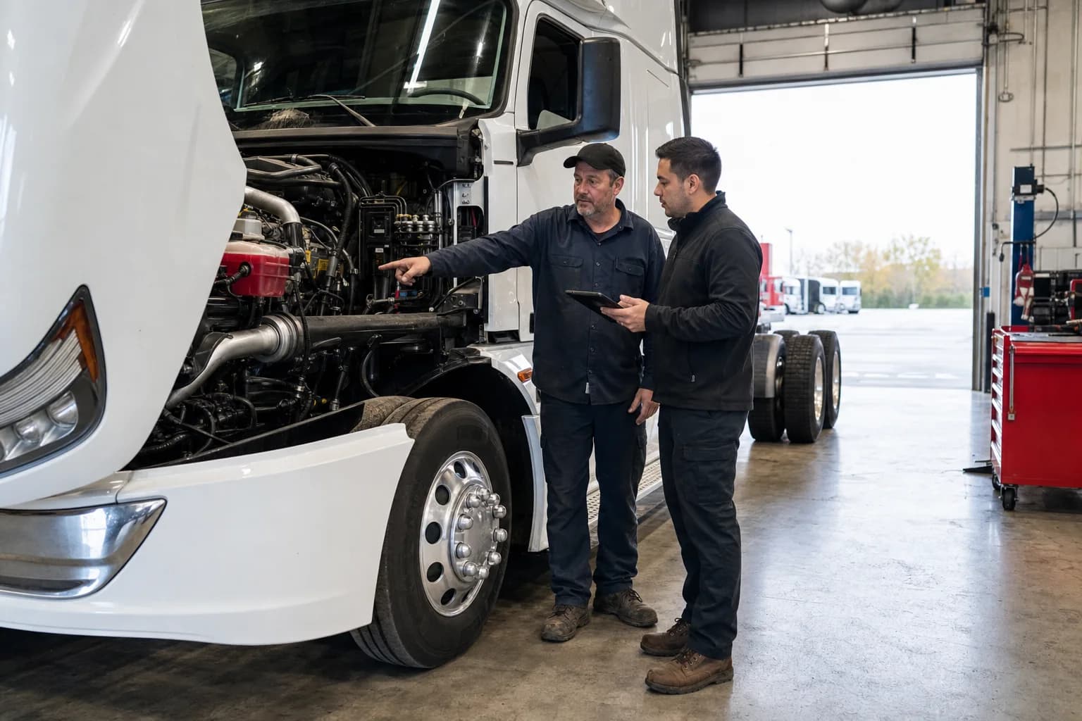 Mcclure Truck And Trailer Sales technician and buyer inspecting a truck engine